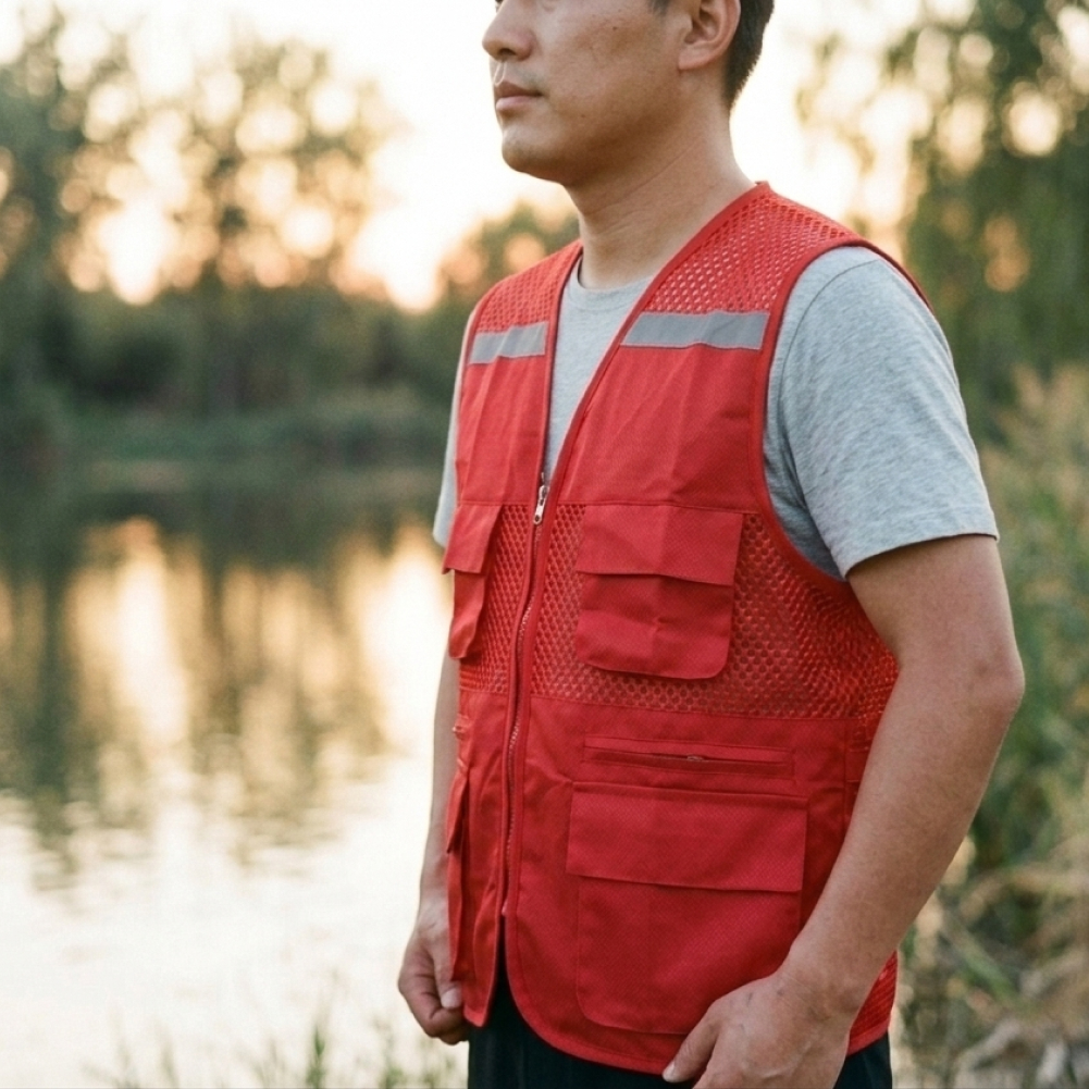 수납이 편리한 낚시 망사 조끼 레드